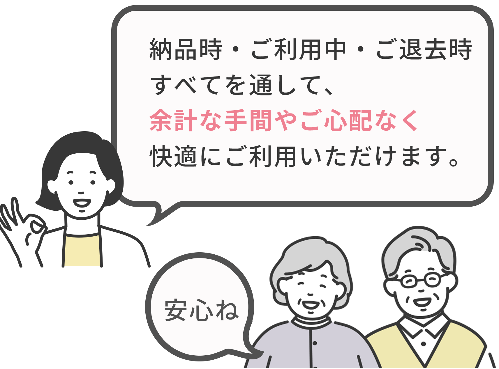 納品時・ご利用中・ご退去時すべてを通して、余計な手間やご心配なく快適にご利用いただけます